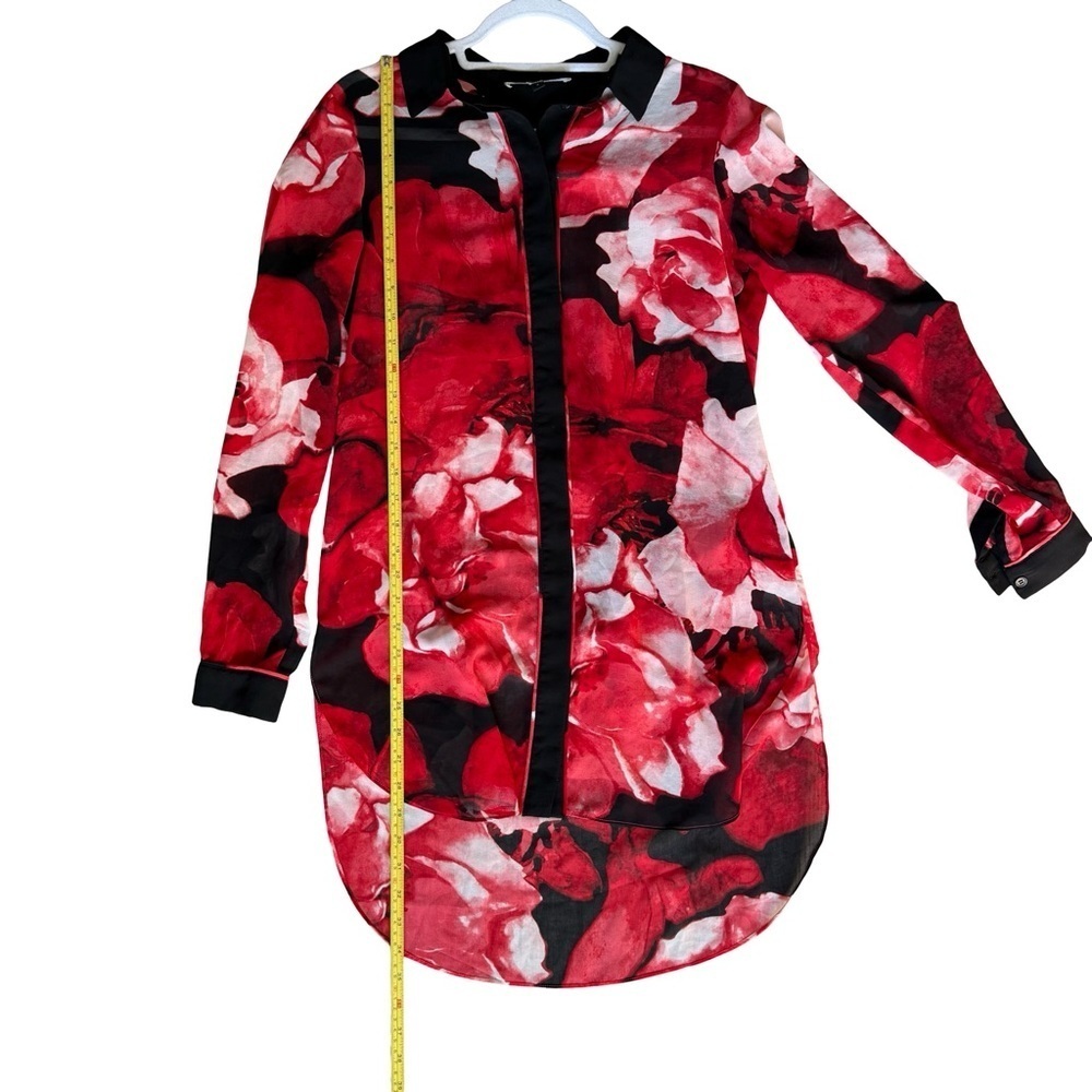 Melanie Lyne Floral Red and Black Women's Sheer Blouse Size 2 Oversized Tunic - Picture 4 of 9